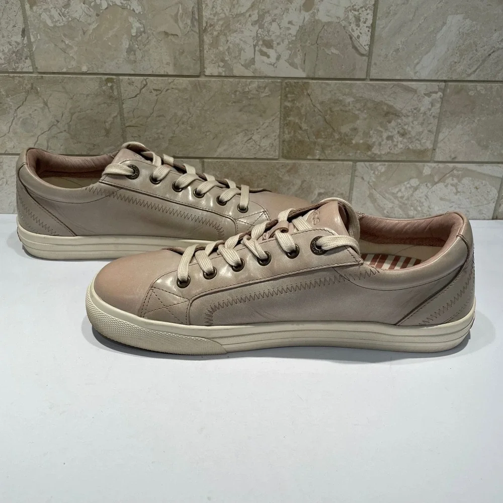 Taos Plim Soul Lux Leather Sneakers Womens 10 Taupe Tan Low Top PLX-13994A EUC